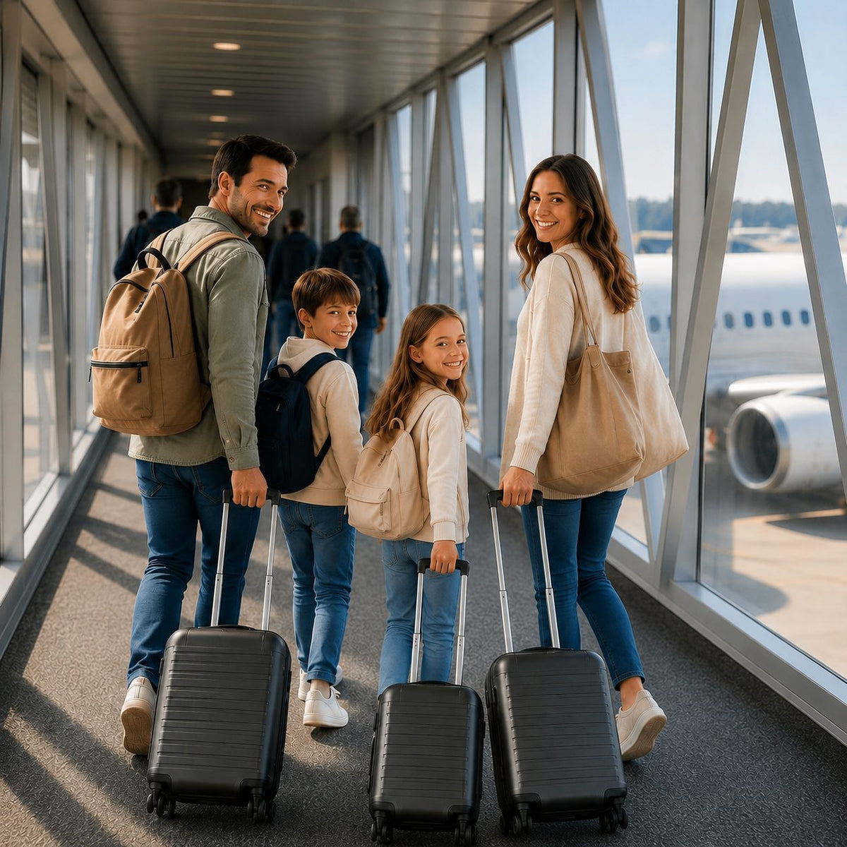 Familie reist entspannt mit nur einem Koffer